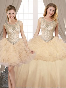 Adorable Three Piece Champagne Lace Up Scoop Beading and Ruffles 15 Quinceanera Dress Organza and Tulle Sleeveless