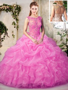 Fashion Scoop Floor Length Lace Up Quinceanera Gowns Rose Pink for Military Ball and Sweet 16 and Quinceanera with Beading and Ruffles and Pick Ups