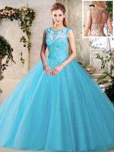 Scoop Floor Length Lace Up 15th Birthday Dress Baby Blue for Military Ball and Sweet 16 and Quinceanera with Beading