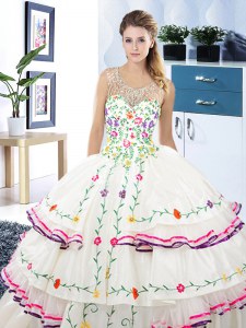 White Lace Up Scoop Beading and Embroidery and Ruffled Layers Sweet 16 Dress Organza and Taffeta Sleeveless