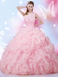 Sleeveless Floor Length Beading and Ruffles and Pick Ups Lace Up Sweet 16 Dress with Baby Pink
