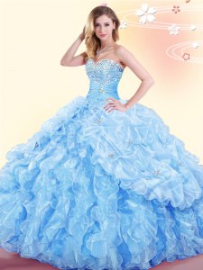 Captivating Baby Blue Lace Up Sweetheart Beading and Ruffles and Pick Ups Quinceanera Dress Organza Sleeveless