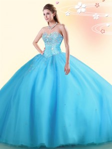Adorable Baby Blue Sleeveless Floor Length Beading Lace Up 15 Quinceanera Dress