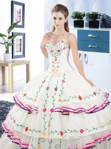 New Style Scoop Sleeveless Floor Length Beading and Embroidery and Ruffled Layers Lace Up Quinceanera Gown with White