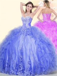 Free and Easy Floor Length Lace Up Quinceanera Dress Blue for Military Ball and Sweet 16 and Quinceanera with Beading and Ruffles