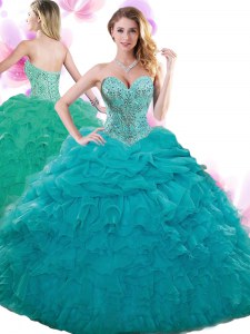 Teal Sweetheart Neckline Beading and Ruffles and Pick Ups Vestidos de Quinceanera Sleeveless Lace Up