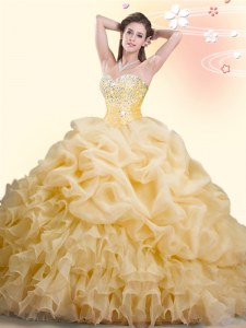 Pick Ups With Train Ball Gowns Sleeveless Gold 15 Quinceanera Dress Brush Train Lace Up