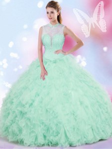 Affordable Ball Gowns 15 Quinceanera Dress Apple Green High-neck Tulle Sleeveless Floor Length Lace Up
