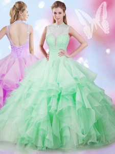 Super High-neck Sleeveless Quince Ball Gowns Floor Length Beading and Ruffles Apple Green Tulle