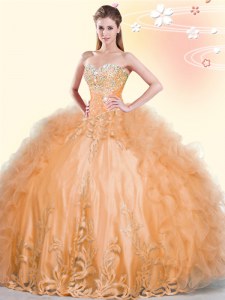 Sleeveless Lace Up Floor Length Beading and Appliques and Ruffles Quince Ball Gowns