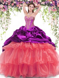 Delicate Multi-color Sweet 16 Dresses Military Ball and Sweet 16 and Quinceanera and For with Beading and Ruffled Layers and Pick Ups Sweetheart Sleeveless Brush Train Lace Up