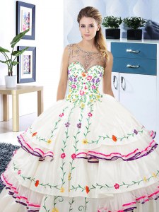 Scoop Beading and Embroidery and Ruffled Layers Sweet 16 Dresses White Lace Up Sleeveless Floor Length