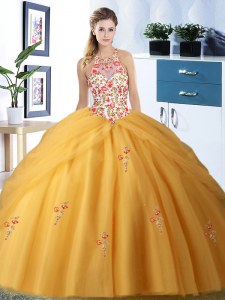 Shining Tulle Halter Top Sleeveless Lace Up Embroidery and Pick Ups 15 Quinceanera Dress in Gold