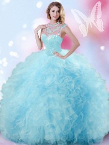 Tulle High-neck Sleeveless Zipper Beading and Ruffles and Pick Ups Sweet 16 Dress in Light Blue