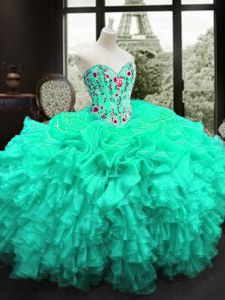 Admirable Turquoise Sleeveless Embroidery and Ruffles Floor Length Sweet 16 Dresses