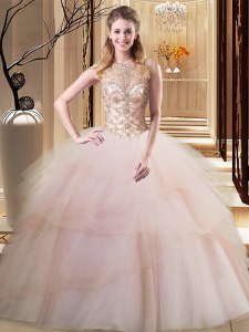 Clearance Peach Lace Up Scoop Beading and Ruffled Layers 15th Birthday Dress Tulle Sleeveless Brush Train