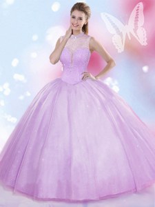Elegant Lavender Tulle Lace Up High-neck Sleeveless Floor Length Quinceanera Gowns Beading