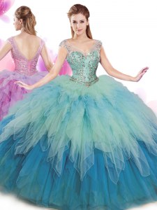 V-neck Cap Sleeves Tulle Ball Gown Prom Dress Beading and Ruffles Lace Up
