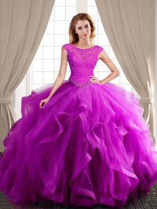 Excellent Fuchsia Tulle Lace Up Scoop Cap Sleeves With Train Vestidos de Quinceanera Brush Train Beading and Appliques and Ruffles