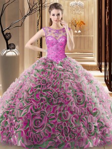 Trendy Scoop Sleeveless Quinceanera Dress Sweep Train Beading Multi-color Fabric With Rolling Flowers