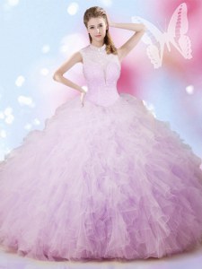 Delicate Floor Length Lavender Sweet 16 Quinceanera Dress Tulle Sleeveless Beading and Ruffles