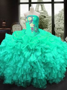 Edgy Turquoise Strapless Lace Up Embroidery and Ruffles Vestidos de Quinceanera Sleeveless