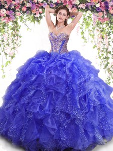 Custom Designed Sleeveless Floor Length Beading and Ruffles Lace Up Sweet 16 Dress with Blue