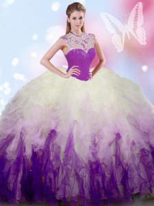 Ball Gowns Vestidos de Quinceanera White And Purple High-neck Tulle Sleeveless Floor Length Zipper