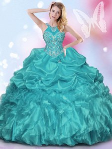 Traditional Teal Ball Gowns Halter Top Sleeveless Organza and Taffeta Floor Length Lace Up Appliques and Ruffles and Pick Ups Quince Ball Gowns