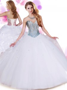 White Lace Up Quinceanera Dress Beading and Ruffles Sleeveless Floor Length