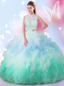 Multi-color High-neck Lace Up Beading and Ruffles 15 Quinceanera Dress Sleeveless
