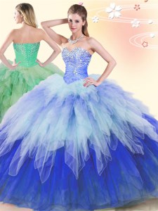 Multi-color Tulle Lace Up Sweetheart Sleeveless Floor Length Quince Ball Gowns Beading and Ruffles