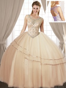 Fantastic Champagne Ball Gowns Tulle Scoop Sleeveless Beading Floor Length Lace Up 15 Quinceanera Dress