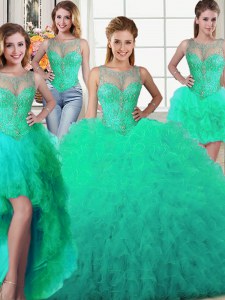 Four Piece Turquoise Ball Gowns Tulle Scoop Sleeveless Beading and Ruffles Floor Length Lace Up 15th Birthday Dress