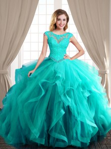 Fine Scoop Turquoise Tulle Lace Up 15th Birthday Dress Cap Sleeves With Brush Train Beading and Appliques and Ruffles