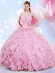 Halter Top Rose Pink Lace Up Quinceanera Gown Beading and Ruffles Sleeveless Floor Length