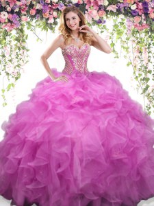 Captivating Lilac Organza Lace Up Quinceanera Gowns Sleeveless Floor Length Beading and Ruffles