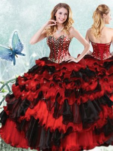 Delicate Sequins Ruffled Floor Length Red And Black Ball Gown Prom Dress Sweetheart Sleeveless Lace Up