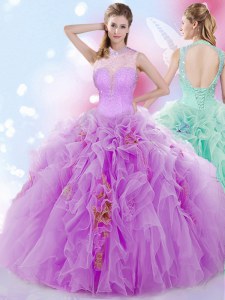 Halter Top Floor Length Lilac Sweet 16 Dress Tulle Sleeveless Beading and Ruffles