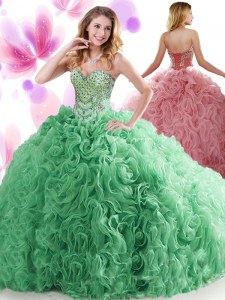 Turquoise Organza and Fabric With Rolling Flowers Lace Up Quince Ball Gowns Sleeveless Sweep Train Beading and Ruffles