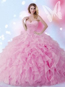 Superior Rose Pink Sweetheart Lace Up Beading and Ruffles Quinceanera Dress Sleeveless