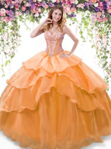 Wonderful Orange Organza Lace Up Sweet 16 Quinceanera Dress Sleeveless Floor Length Beading and Ruffled Layers