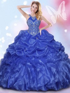 Elegant Halter Top Sleeveless Floor Length Appliques and Ruffles and Pick Ups Lace Up Quinceanera Gown with Royal Blue