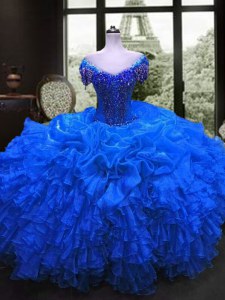 Royal Blue Organza Lace Up 15th Birthday Dress Cap Sleeves Floor Length Beading and Ruffles