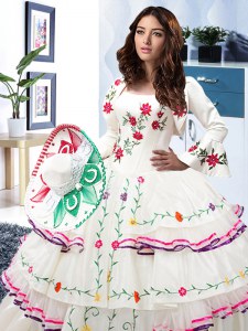 Eye-catching Floor Length Lace Up Quinceanera Gowns White for Military Ball and Sweet 16 and Quinceanera with Embroidery and Ruffled Layers