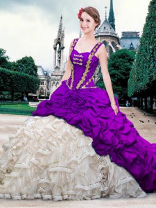 Organza and Taffeta Straps Sleeveless Brush Train Lace Up Beading and Ruffles and Pick Ups Sweet 16 Dresses in White And Purple