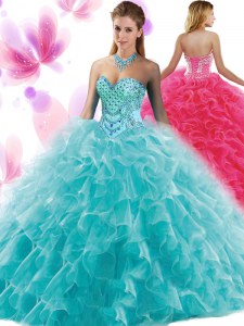 Designer Teal Lace Up Sweetheart Beading and Ruffles Ball Gown Prom Dress Organza Sleeveless