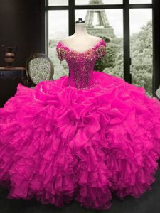 Fuchsia Cap Sleeves Floor Length Beading and Ruffles Lace Up 15 Quinceanera Dress