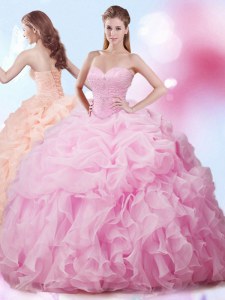 Glamorous Pick Ups With Train Rose Pink Quinceanera Dress Sweetheart Sleeveless Brush Train Lace Up
