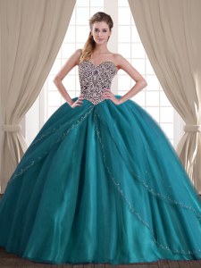 High Quality Sweetheart Sleeveless Brush Train Lace Up 15th Birthday Dress Teal Tulle